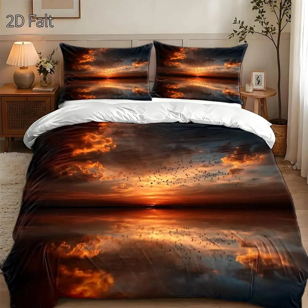 3-Piece Duvet Cover Set, 1 Duvet Cover + 2 Pillowcases (Without Filling) 2D Flat Printing, Duvet Cover Set of Three, Sunset Bird Reflection Theme, Surreal Style, Thanksgiving Special Edition, Suitable for All Seasons, Machine Washable, Invisible Zipper, Large Duvet Cover Set, Bedding Set, Skin-Friendly and Breathable, Soft and Comfortable, Does Not Fade or Pill