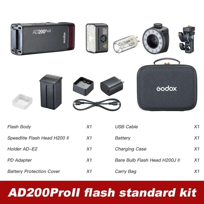 Godox AD200 pro II Flash 200Ws 1/8000 HSS 2980mAh Battery with 2.4G Wireiess X System Bi-color Modeling Lamp Speedlight Flash