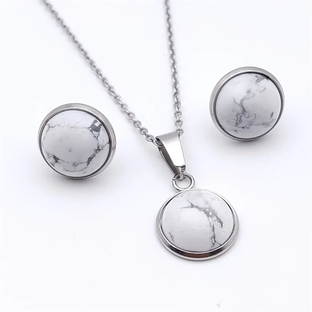 12MM Stone Pendant Stainless Steel Stud Earrings Necklace Jewelry Set Tiger Eye Opal Blue Pink Crystal Collar Women Men Gift