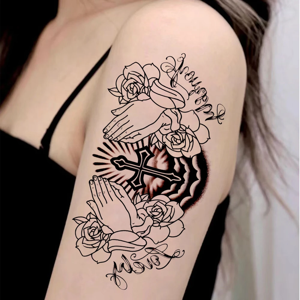 Tatuajes cruzados de manos grandes, tatuajes realistas, impermeables, duraderos 15 días, mariposa, rosa, flor, Cruz, tatuaje falso