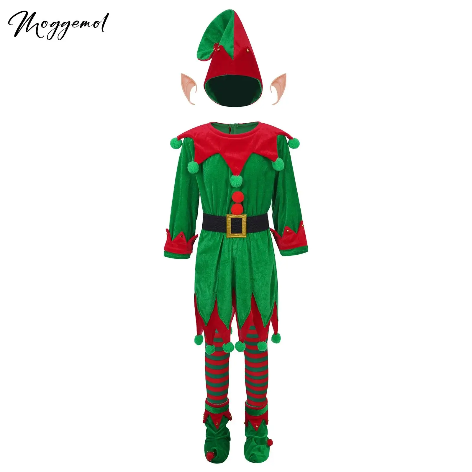 أطفال 6 قطعة قزم عيد الميلاد زي الكريات فستان مع آذان قبعة حزام أحذية جوارب مخططة عيد الميلاد السنة الجديدة حفلة هدية الكريسماس #1