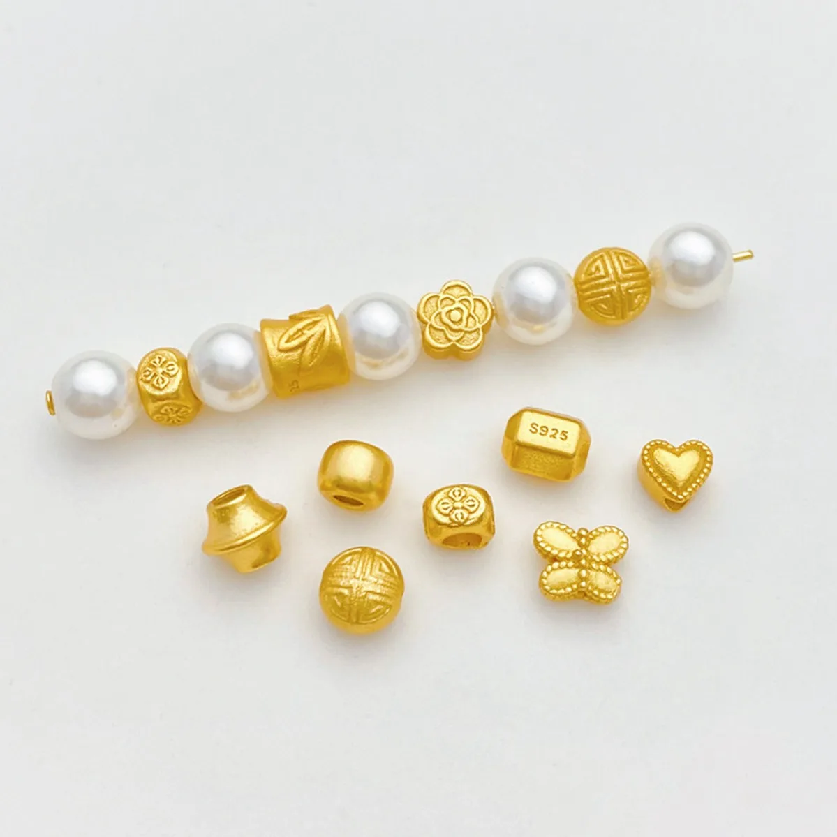 S925 Sterling Silver Antique Gold Plated Butterfly Peach Blossom Heart Spacer Beads DIY Bracelet Necklace Jewelry Making Supplie