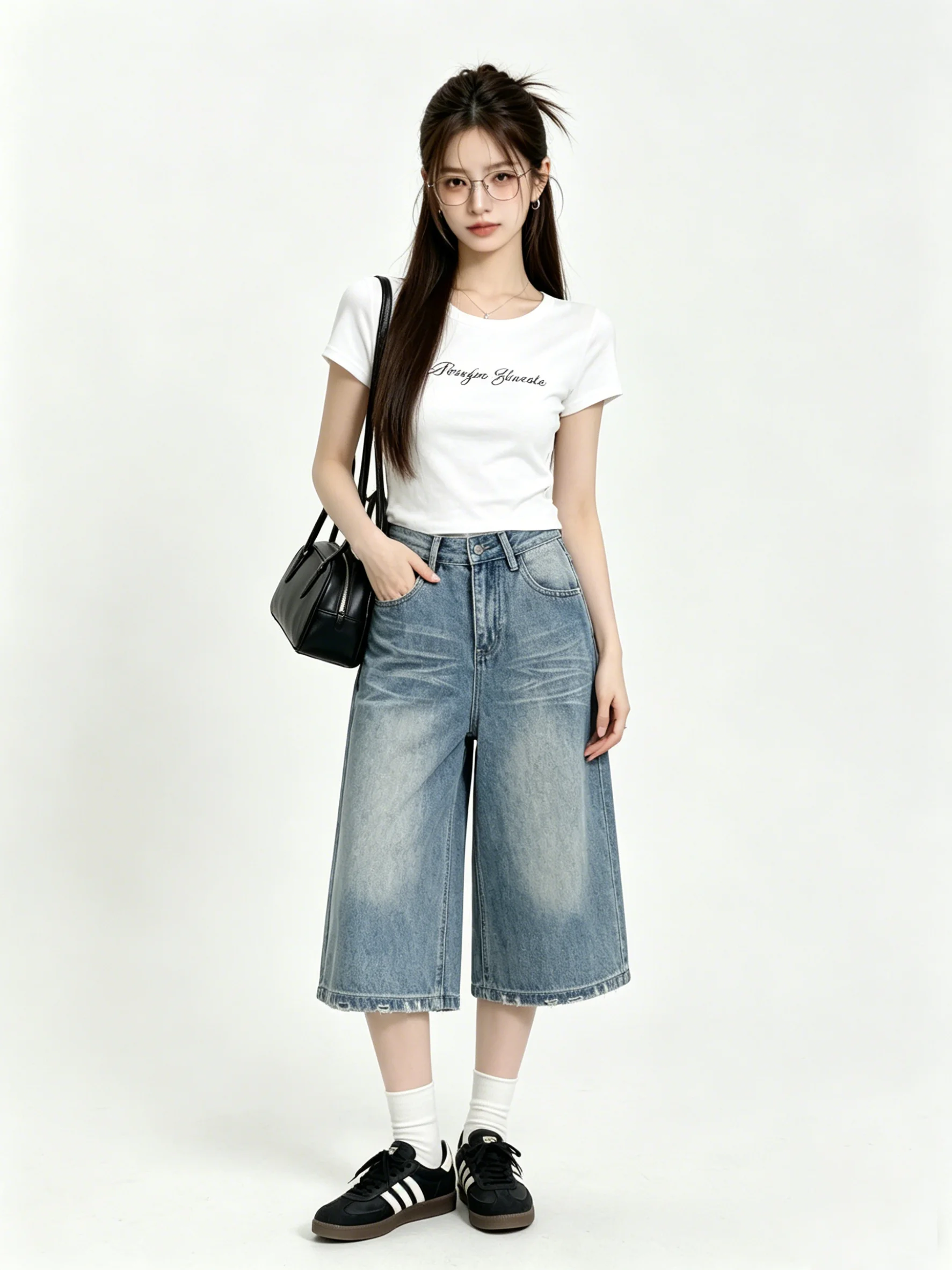 

Retro Washed Blue Jeans Wide Leg Seven-Foot Pants Korean Style Summer Slimming Loose Denim Casual High Waist Pocket Detail