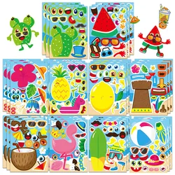 Hawaii Make A Face Sticker Sheets Children DIY Toys Make Your Own Pineapple Flamingo Summer Beach Puzzle Stickers Kids Decals