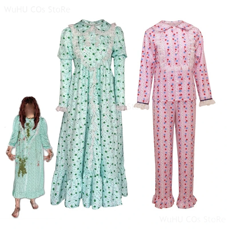 The Cos Exorcist Regan Cosplay Costume Horror Girls Floral Dress Pajamas Women Halloween Horror Girls Costumes Regan Pink Dress