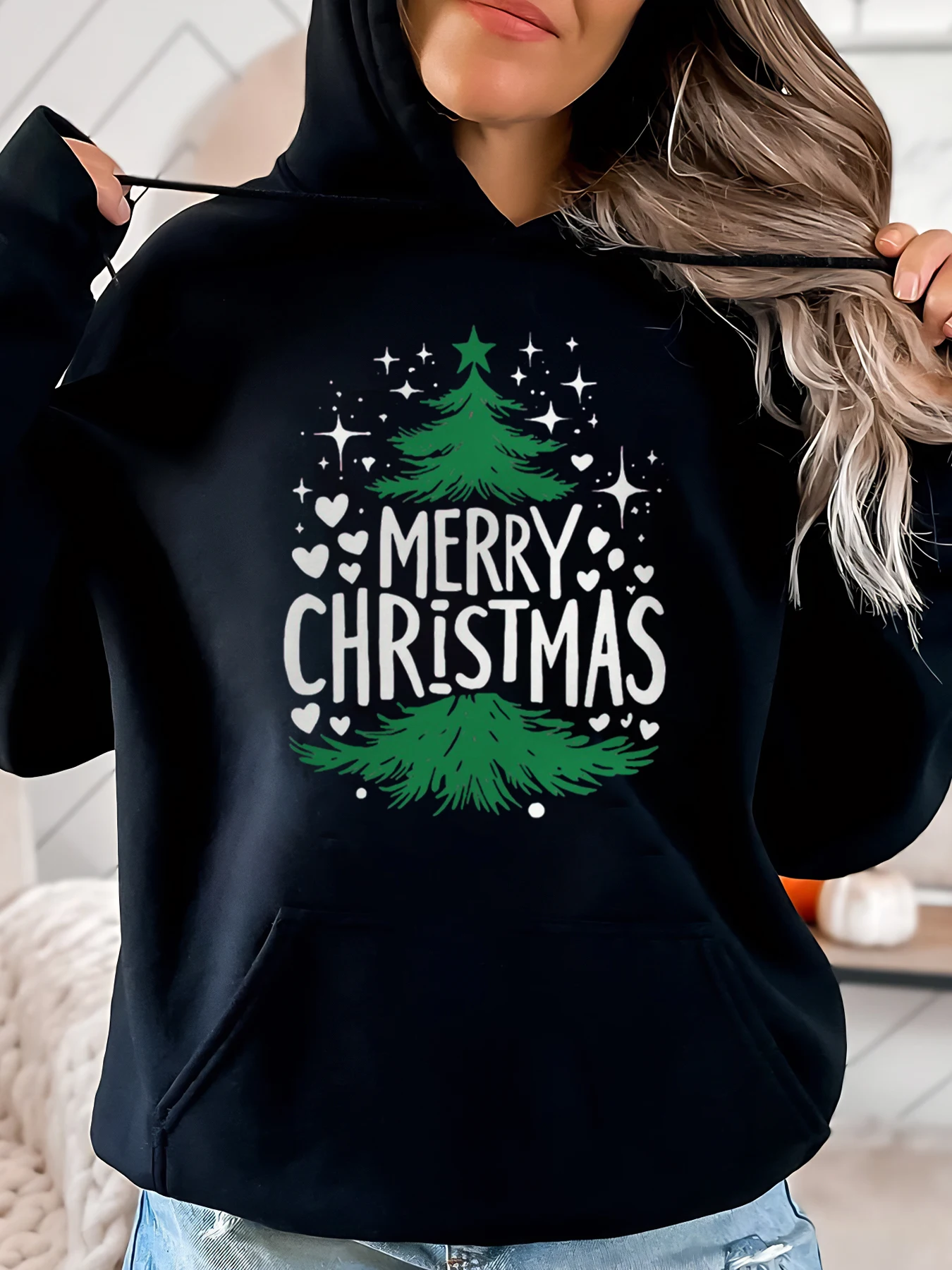 

Праздничная толстовка с принтом рождественской елки, женская повседневная зимняя одежда, черный, больших размеров