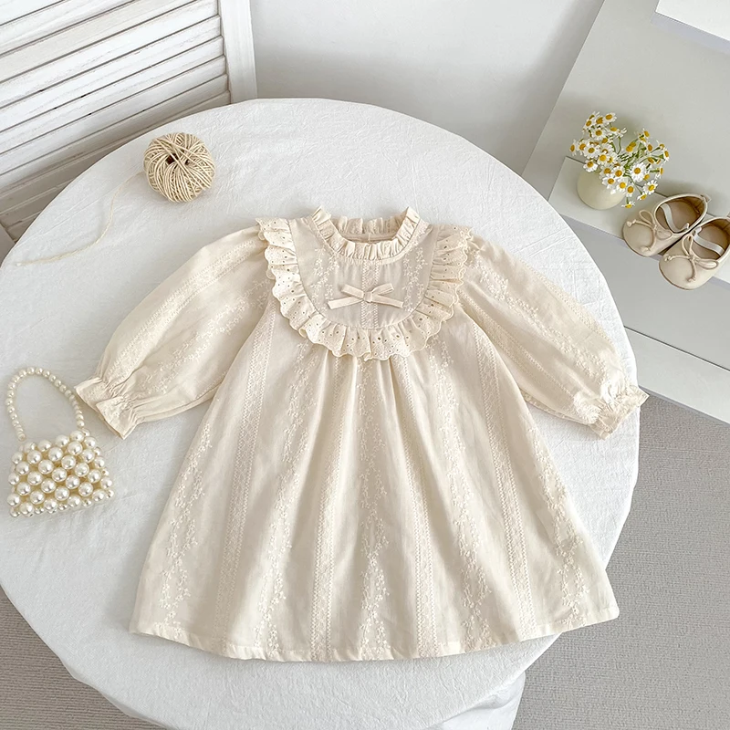 2-6Yrs Baby Spitze Prinzessin Mädchen Kleid Gestickte Blumen Bogen Baby Langarm Kleid Kleinkind Kleinkind Mädchen Kleidung Kinder Outfits