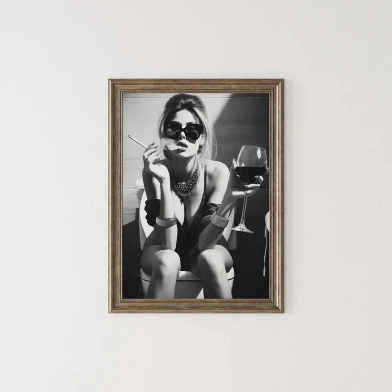 Girl on Toilet Canvas Wall Art,Woman on Toilet Smoking and Drinking Wine,Black White Print,Funny Bathroom Art,Retro Wall Decor