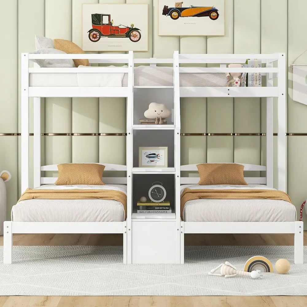 

White Twin Over Twin Over Twin Wood Bunk Bed with Storage Stairs and Under-Bed Space, No Box Spring Needed