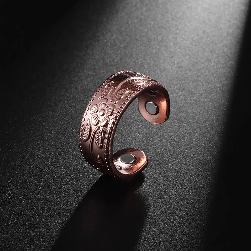 Flower Shape Magnetic Ring Copper Adjustable Open Cuff Ring Men and Women Magnet Healthy Energy Ring for Arthritis Pain Relief