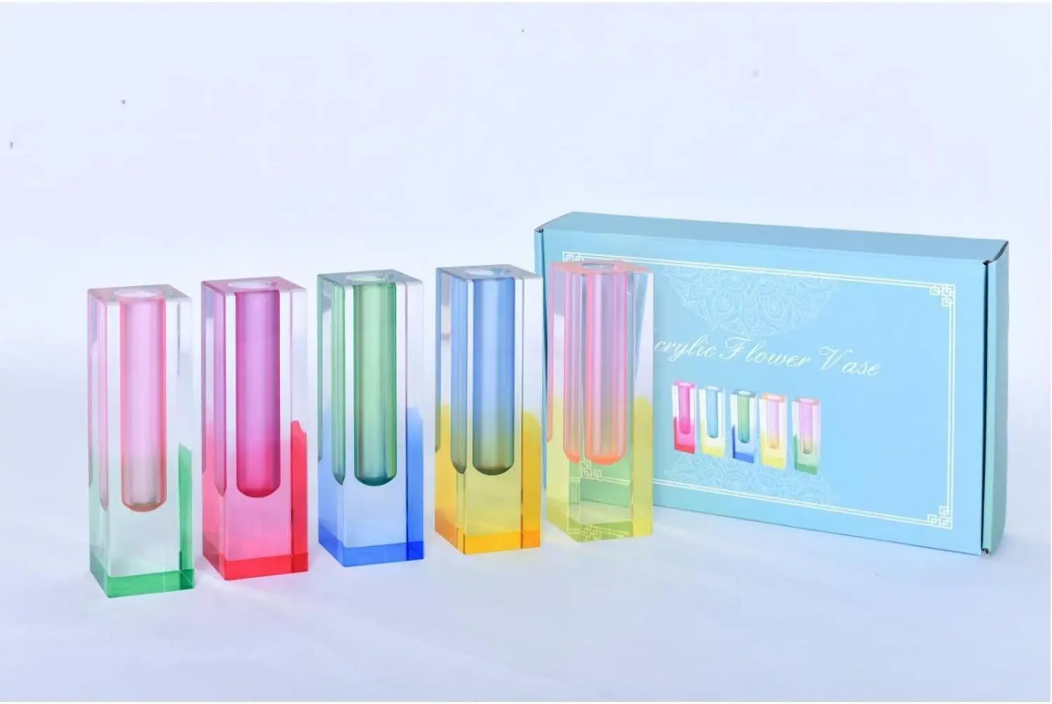 

5 Acrylic Vases Set - Modern Bud Vases for Centerpieces, Home Decor (Pink, Purple, Green, Blue, Yellow)