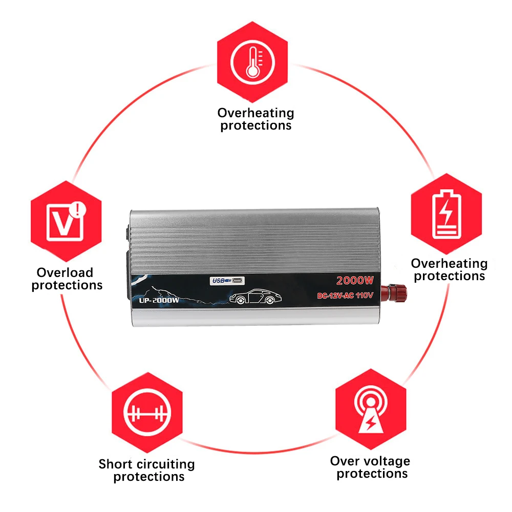 Inversor de 12V CC a CA 110V 220V, convertidor de batería de almacenamiento para el hogar, toma de corriente CA con interruptor, cargador USB, inversor de coche de 2000W