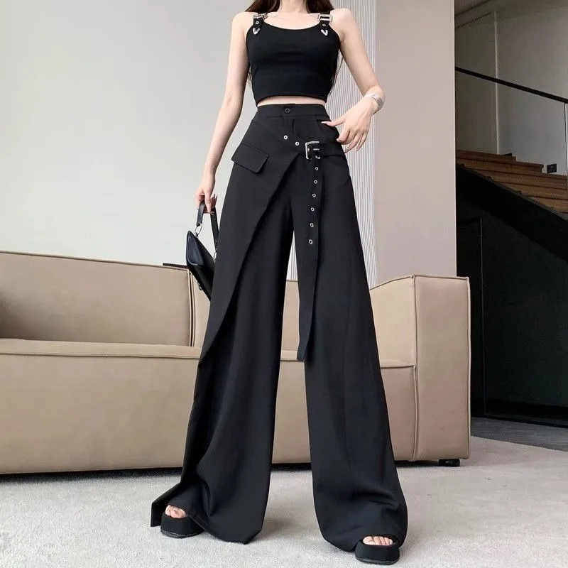 Black Suit Wide-leg Pants Casual Women's Autumn New Design Sense False Two Floor-length Long Pants Fashionable Women’s Wear 2026