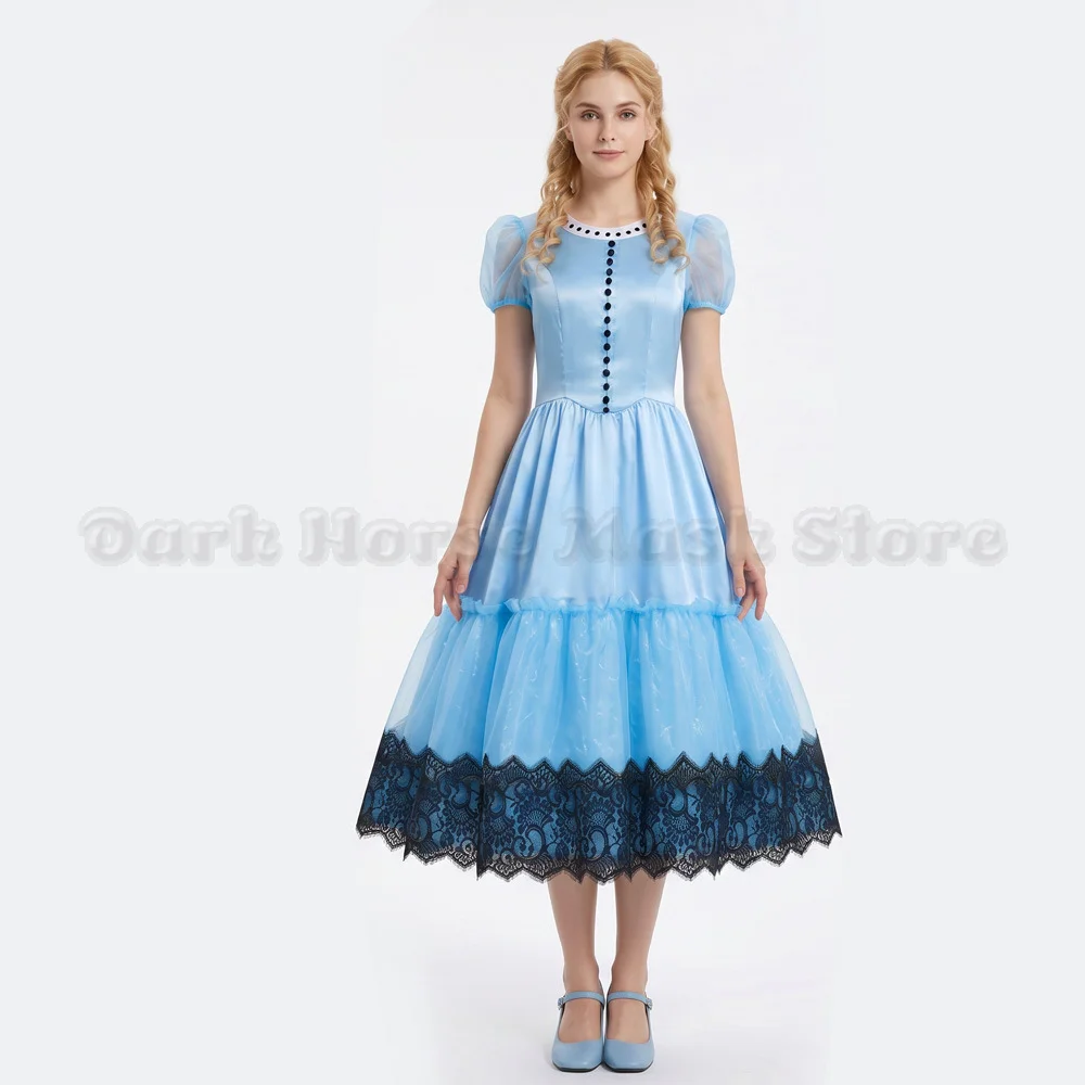 Anime Alice im Wunderland Prinzessinnen-Kostüm Karneval Halloween Verrückter Hutmacher Königin Cosplay Party-Outfit Alice Cosplay Blaues Kleid