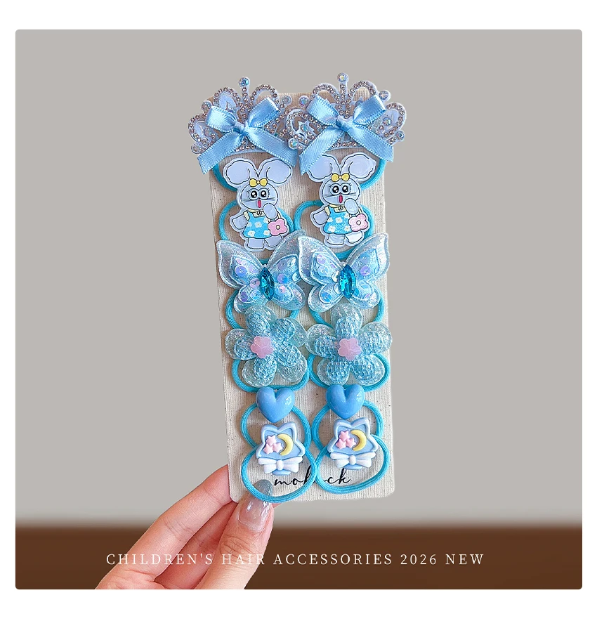 Neue Mode 10 Stück/Set Rosa Blaue Mini-Haargummis Cartoon-Häschen Strass-Krone Pailletten-Schmetterling Herz Elastisches Haarband für Mädchen – Detail 4