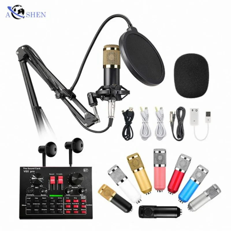 

Home Studio Live Desktop Wired Microphone Sound Card Arm Stand Set Audio Interface For Broadcasting Fm Broadcast Transmitter