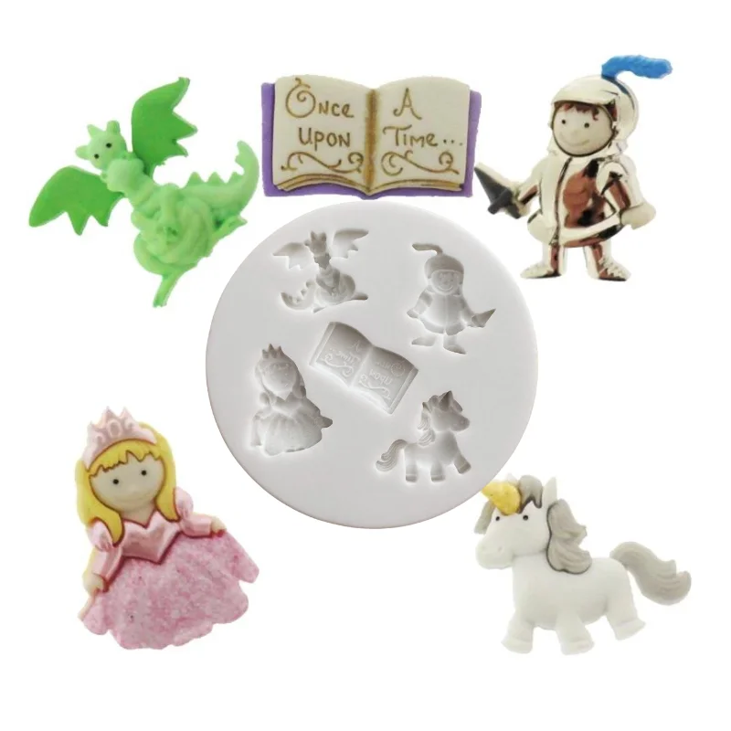 Molde de silicona para decorar pasteles, herramienta para decorar fondant, libro de caballero, Princesa, unicornio, dragón, príncipe, Castillo de cuento de hadas