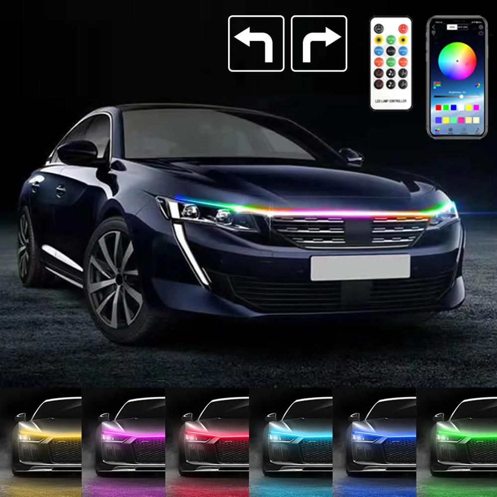 

Colorful Car Hood Light LED Strip With Turn Signal DRL Guide Thin Remote App RGB Flowing Styling 12V Daytime Running Lights Auto