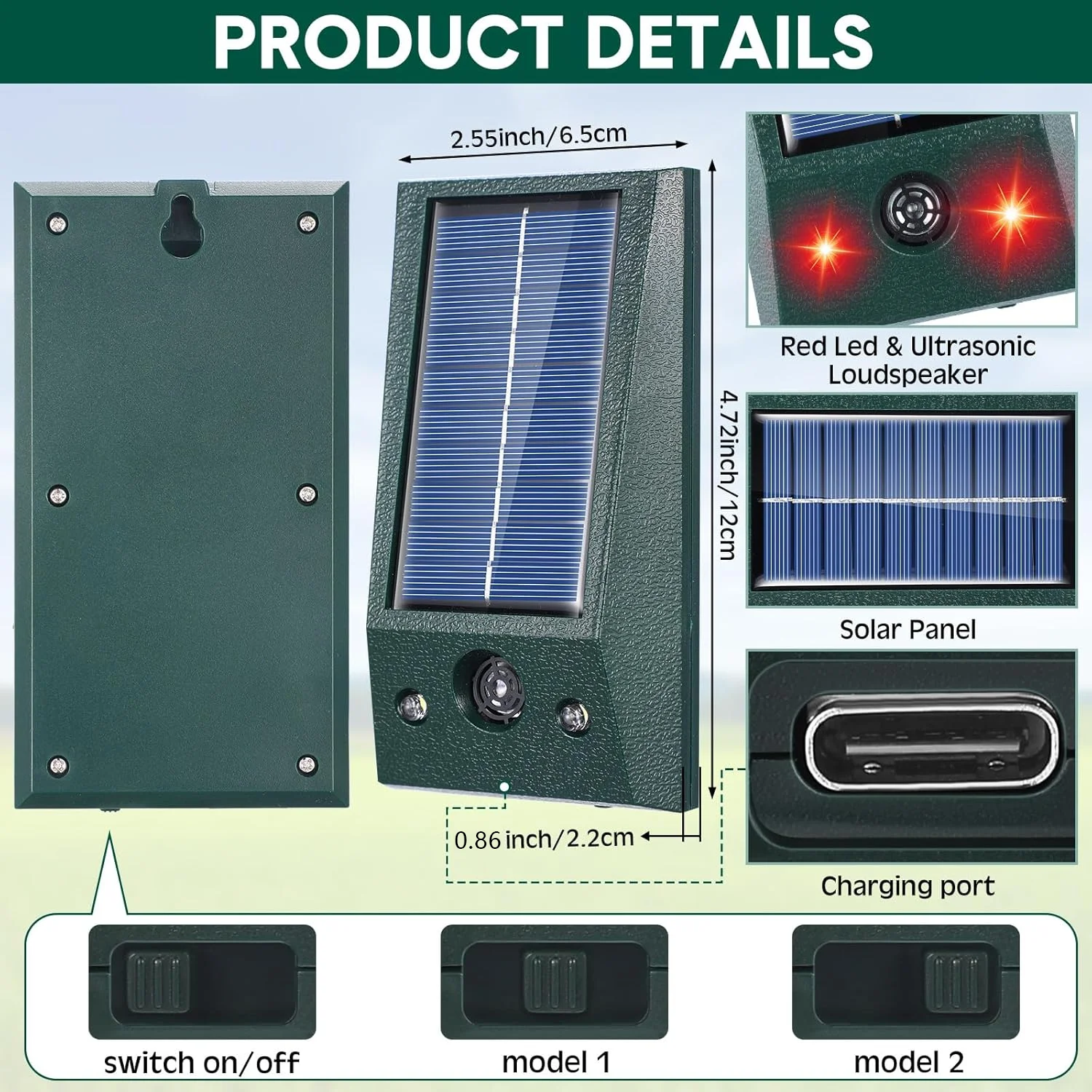 Solarbetriebener Ultraschall-Tiervertreiber für den Außenbereich mit Blitzlicht, wasserdichter Mäusevertreiber für Garten und Hof zur Schädlingsbekämpfung – Detail 5