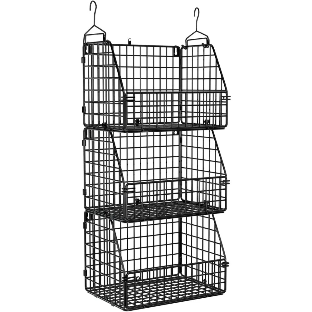 

3-Pack Stackable Metal Storage Baskets for Kitchen Closet Pantry, Wall Mount Organizer