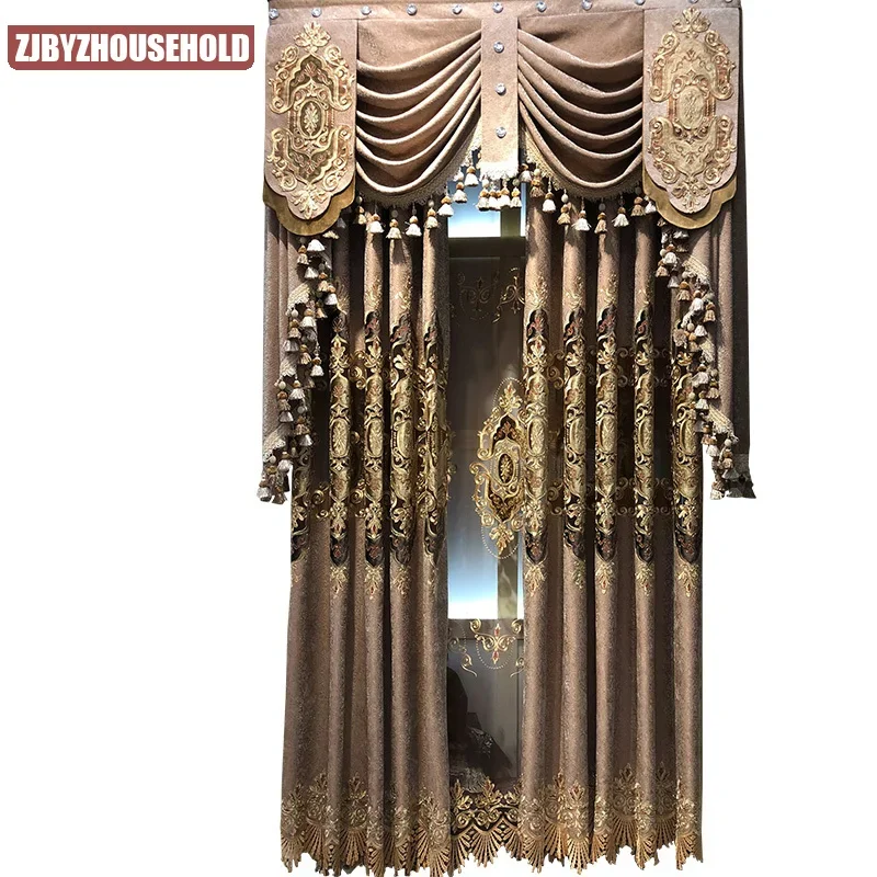 European-style Curtains for Luxury Living Room Upscale Door Chenille Embroidered Coffee Color Bedroom Window Villa Valance