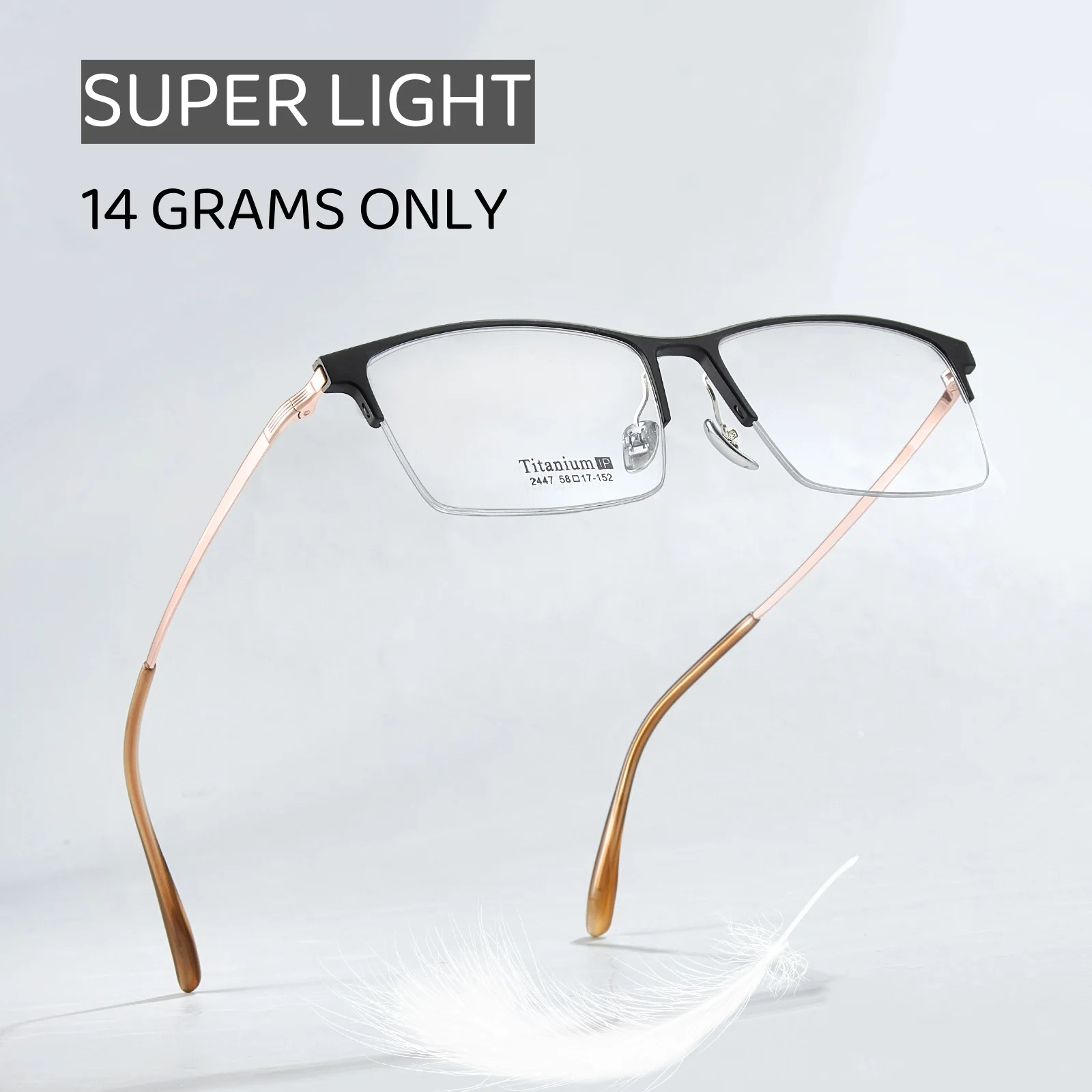 Magnesium Aluminum Pure Titanium Eyeglasses Half Rim Optical Frame Prescription Spectacle 58mm Wide Face 152mm Long Temple