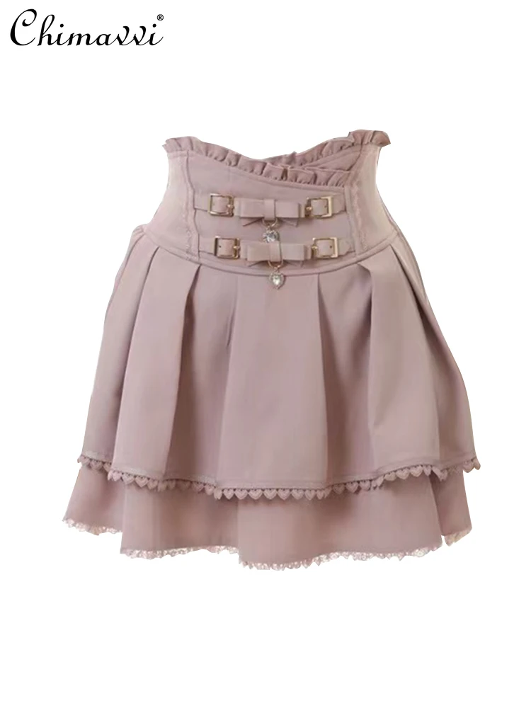 

Japanese Liz Mine Mass-Produced Double Butterfly Buckle Skirt 2024 Summer New Fashion Lolita Style High Waist Slim Mini Skirts