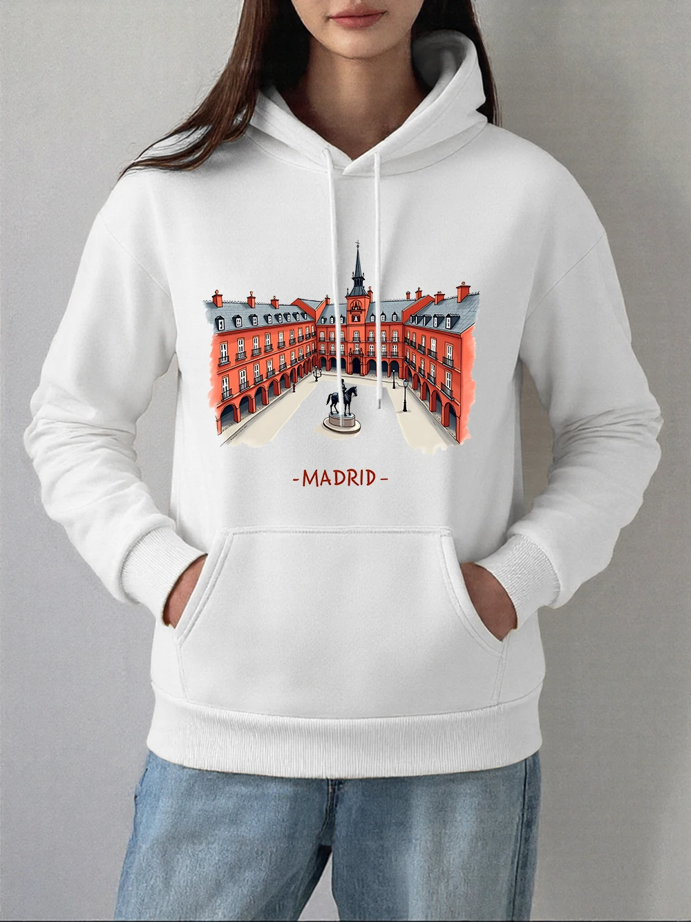 Madrid Plaza Mayor Printing Hoodies Womens Autumn Fleece Warm Sweatshirts Basics Pocket Pullover Casual Loose Womans Clothes