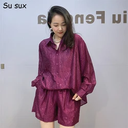 Casual Long Sleeve Blouse Shirt 2 Piece Sets Women Korean Popular Oversized Short Pants Sets Y2k Clothes Streetwear Bust148cm