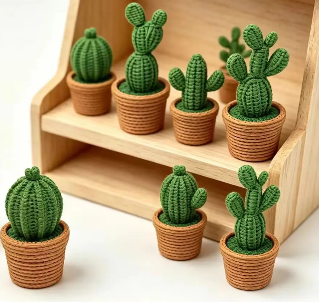 

1:12 Scale Mini Crochet Cactus Potted Plant,Knitted Style Succulent Decor,Simulation Greenery for Dollhouse&Diorama Scene Laout