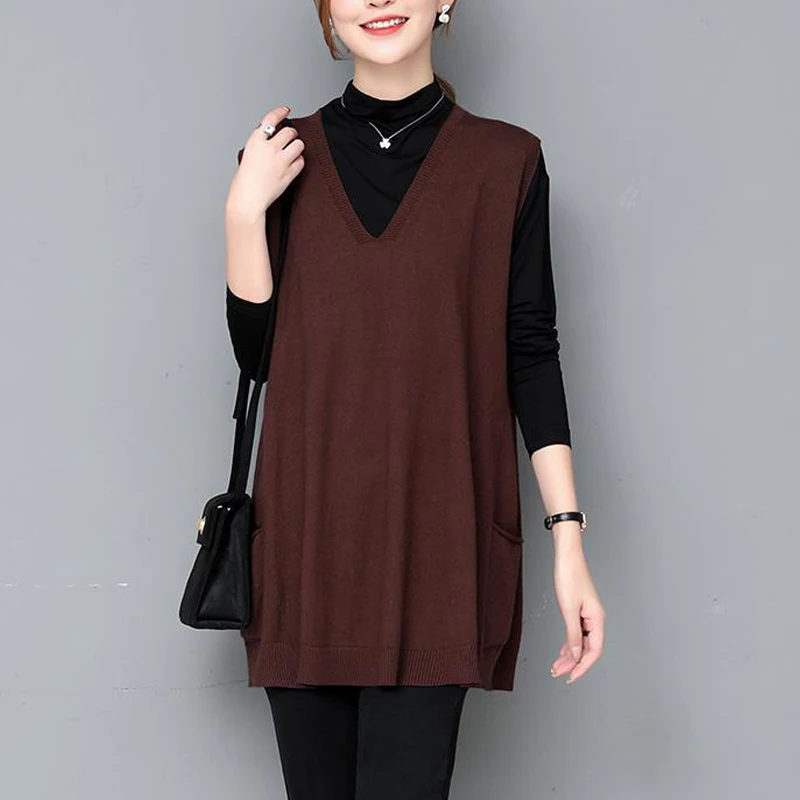 Spring Autumn Women Korean Style Simple Elegant V Neck Sleeveless Knitted Sweater Vest Female Casual Solid Loose Tunic Waistcoat