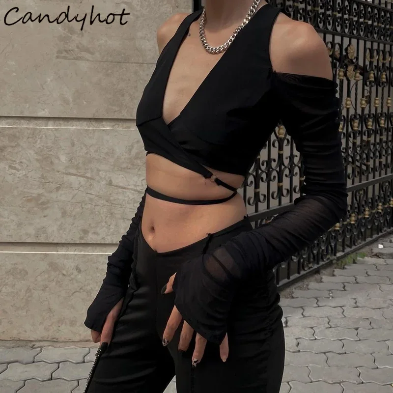 Candyhot Gothic Mesh Sheer Crop Tops Sexy Deep V-neck Off Shoulder T Shirt Y2K Long Sleeve 2024 Streetwear Crossing Bandage Tees