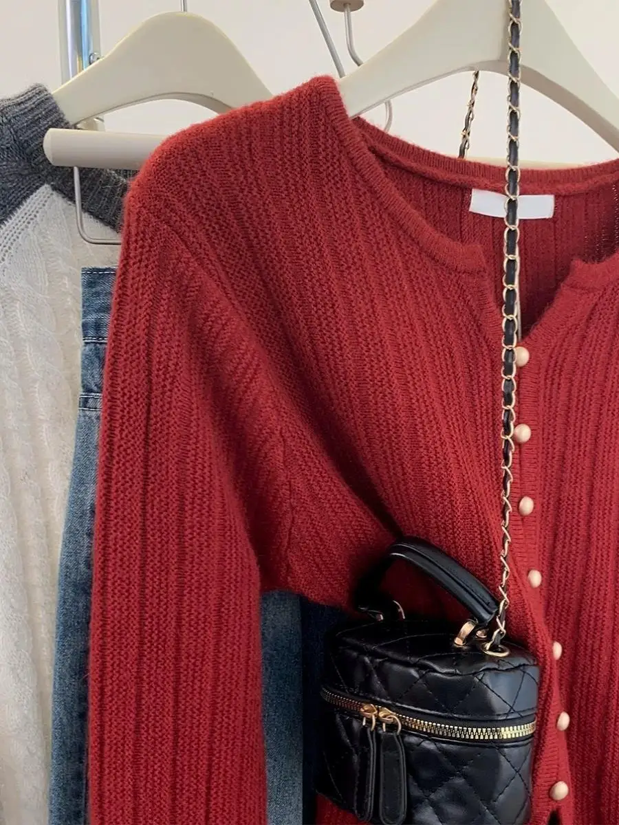 Red Knitted Camere Wool Loose Fit oulder V-Ne Sweater Women's Autumn Winter Outerwear Soft Comfortable Commute Sle