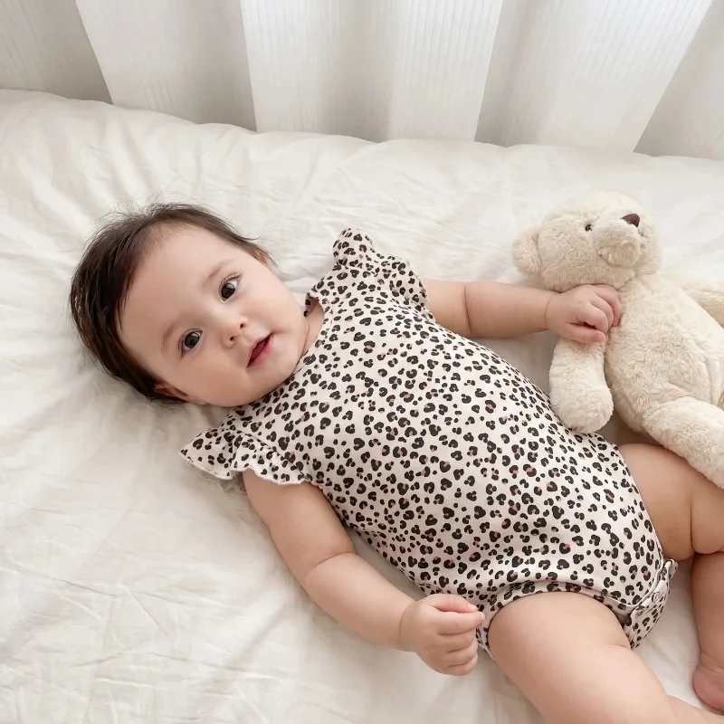 Baby Girl Flutter Sleeve Romper Sleeveless Triangle Bodysuit Leopard Print Summer 2026 New Stylish Cotton Infant