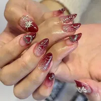 24Pcs Short Almond Red White Gradient False Nails with Spider Design Wearable Oval Fake Nails Detachable Press on Nails Manicure
