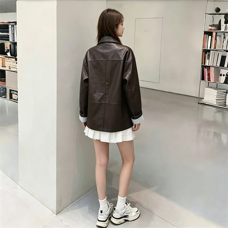 2026 Autumn Winter American Retro Loose Midi PU Leather Jacket Women Color Block Cuff Single Breasted Shirt Coat