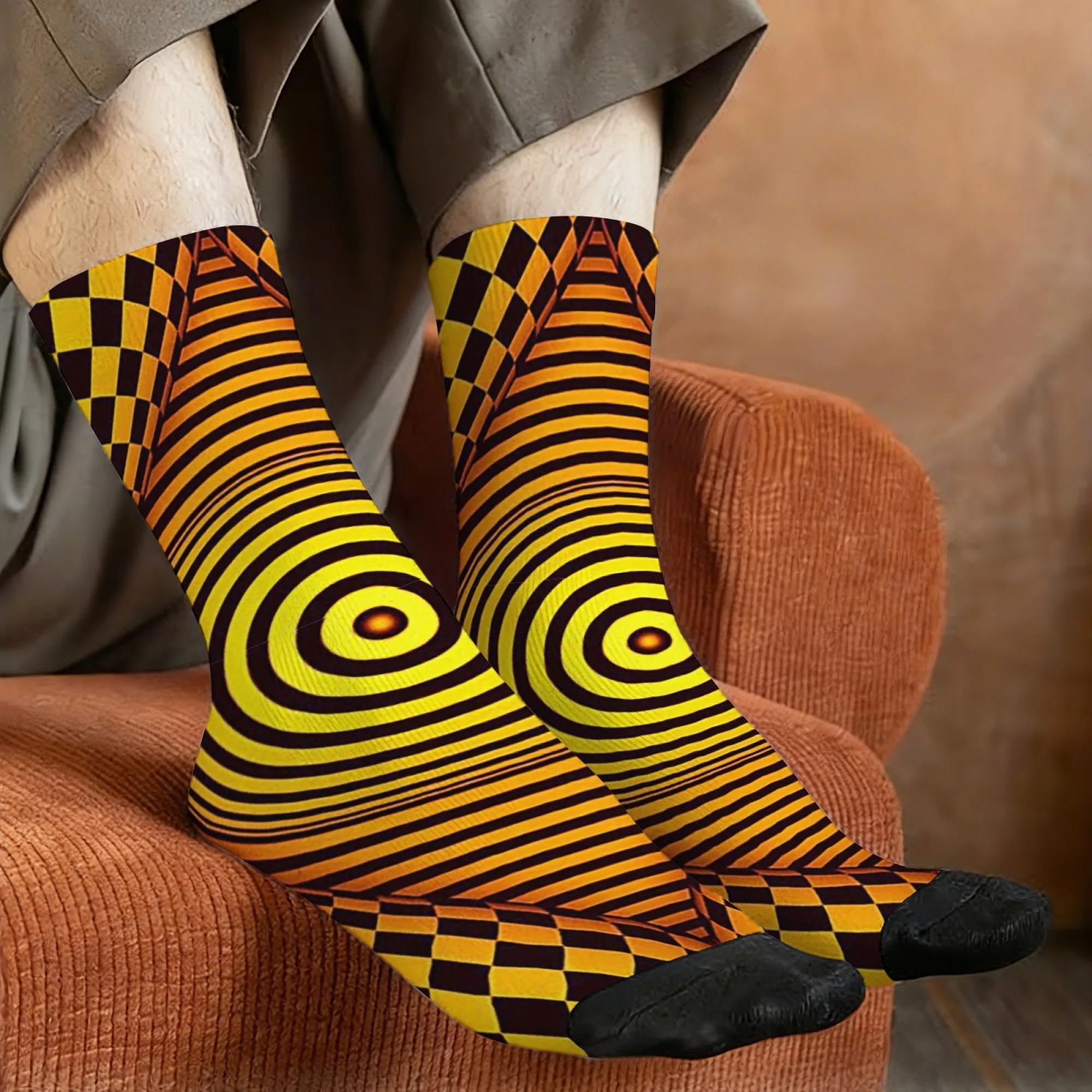 Checkerboard Twisted Spiral Socks Non-slip Elastic Breathable Men's Socks Travel Casual Hiking Retro Fashion Streetwear Socks