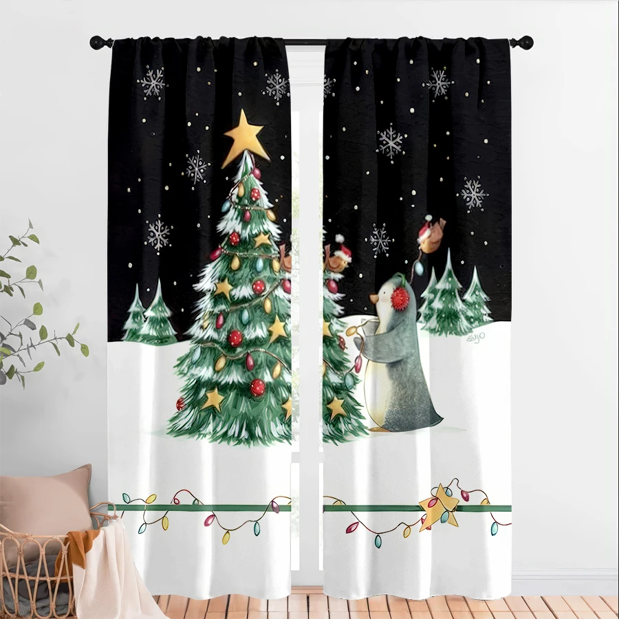 2PCS Christmas Winter Curtains, Penguin Snowflake, Digital Print, Bedroom Living Room Kitchen, Rod Pocket Polyester, Home Decor