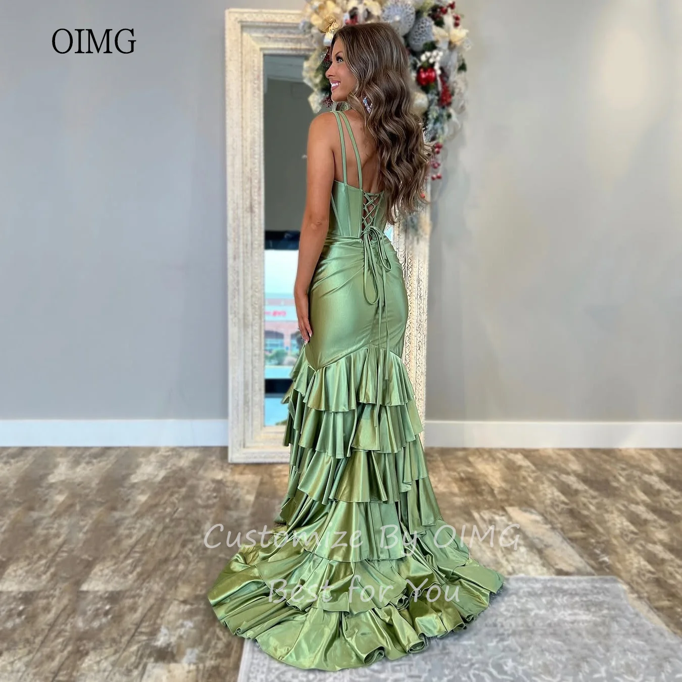 OIMG Sexy Grass Green Mermaid Wedding Dress V Neck Bridesmaid Dresses Side Slit Floor Length Wedding Gowns Customized