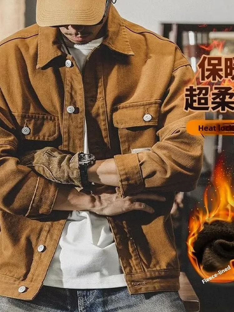 

Мужская джинсовая куртка в американском ретро-стиле, утепленная, свободного кроя, для осени и зимы, молодежная, трендовая, в стиле рабочей одежды, с длинными рукавами