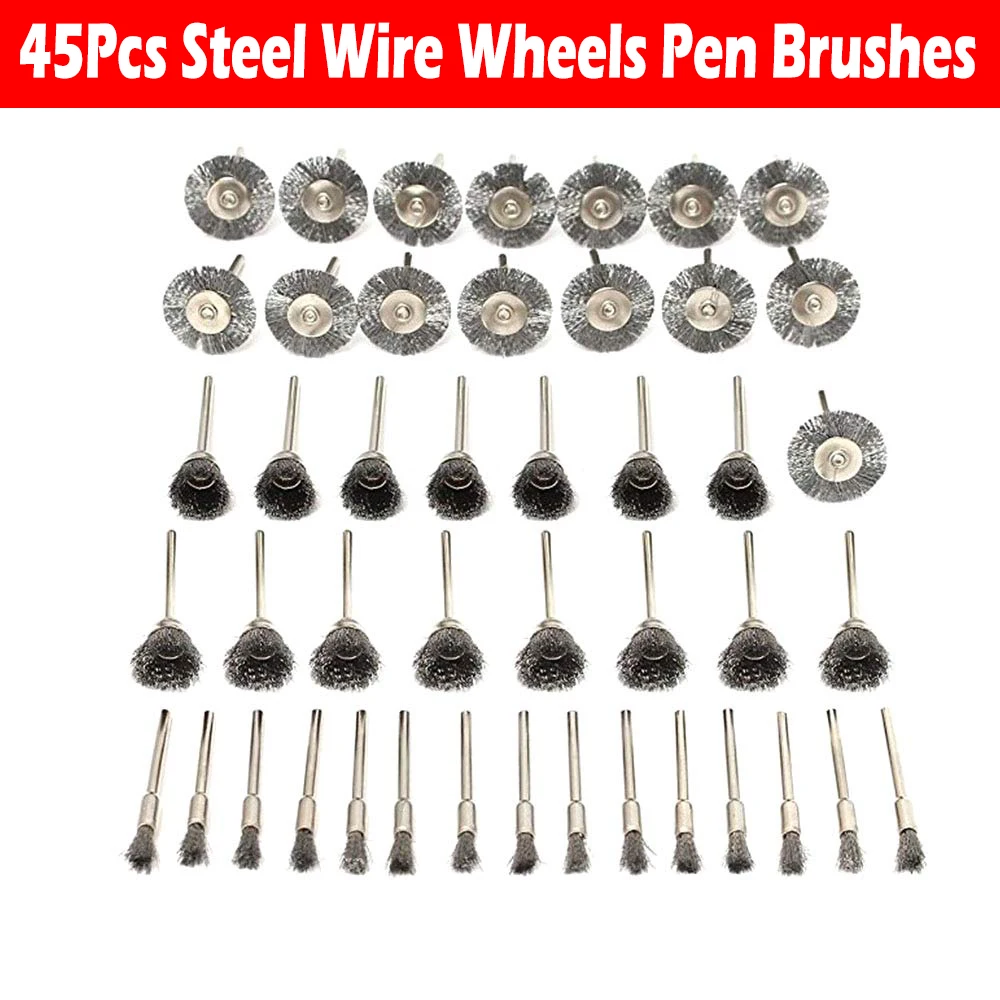 

45pcs Stainless Steel Wire Wheels Pen Brushes Set Polish Wheel Derusting Drill Rotary Tool 5/15/25mm Woodworking Polishing Tools