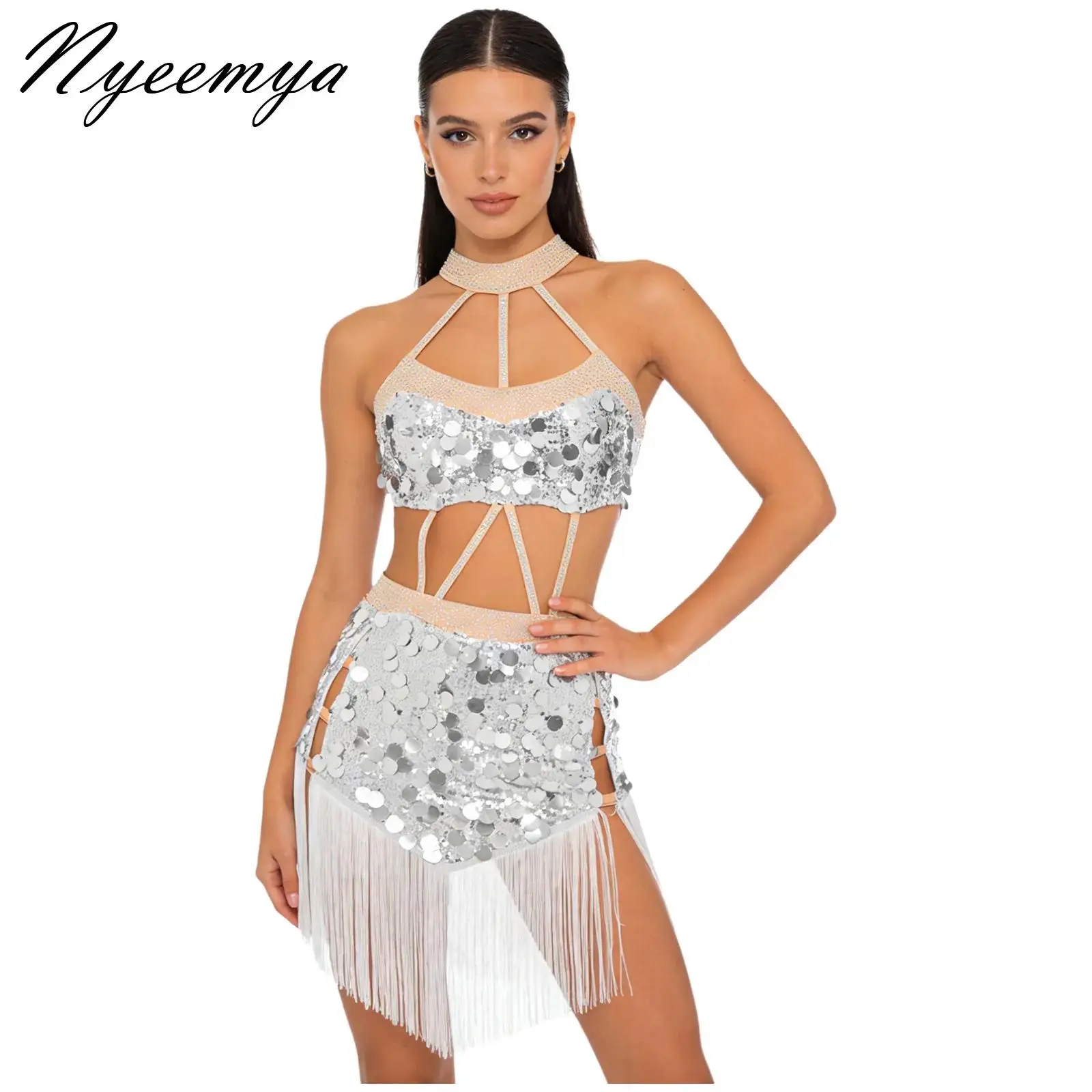 

Womens Figure Skating Performance Costume Rhinestones Halter Sleeveless Tassel Bodysuit Tango Latin Jazz Dance Leotard Outfit
