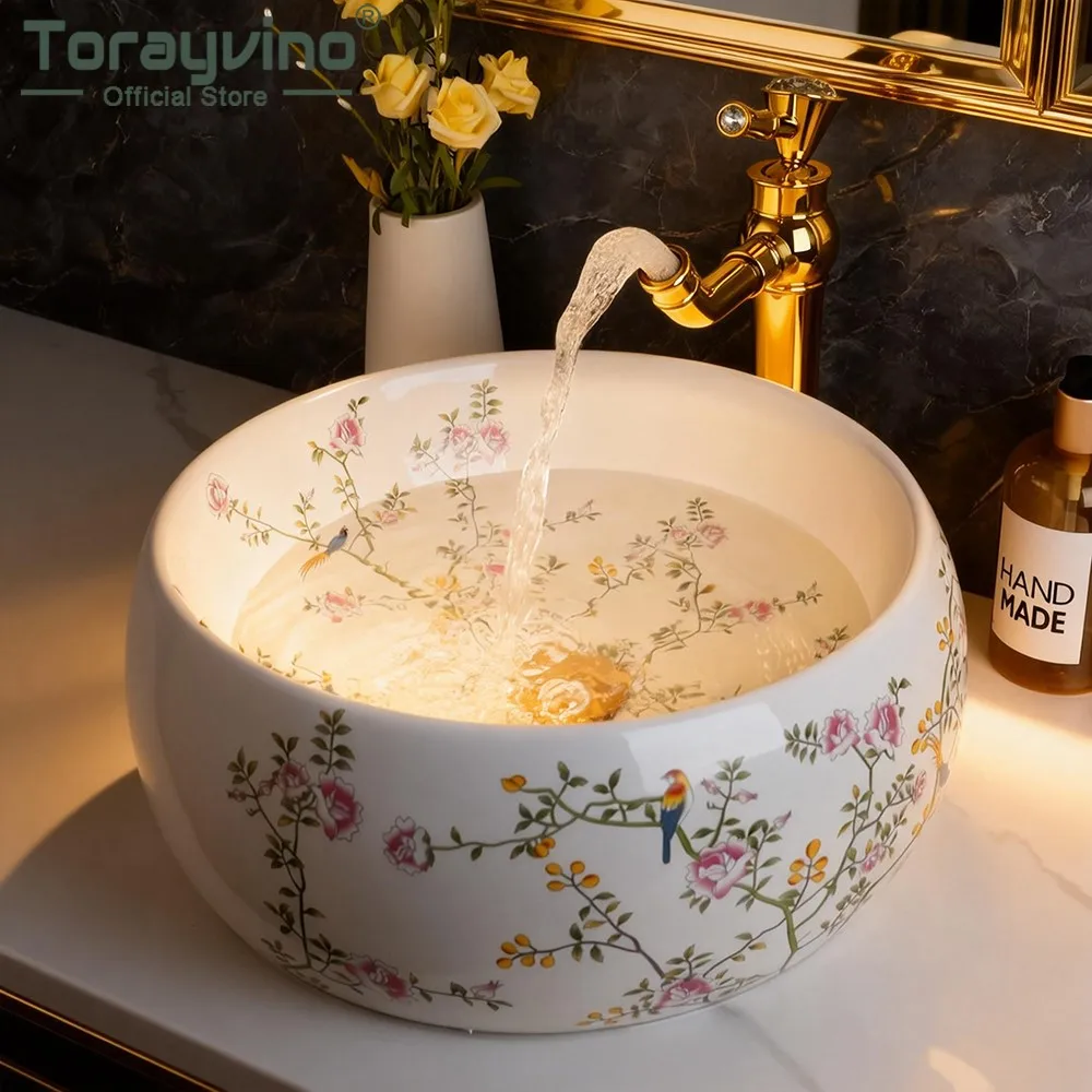 Torayvino Ceramic Bathroom Vessel sink Basin Faucet Set countertop Washhand stand Pattern Round Vanity Sink guest marble sink