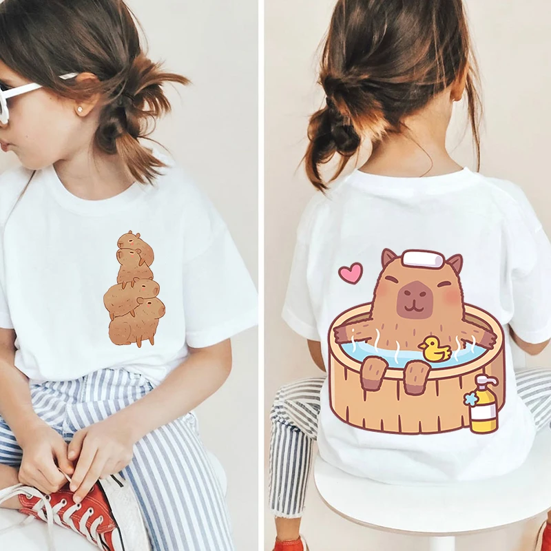 Kawaii capybara lovers kids cotton T-shirt white short-sleeved cartoon top double-sided printing for girls