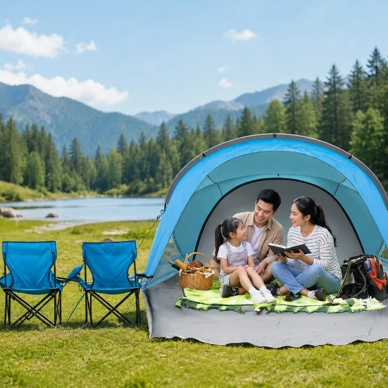 Blue Beach Tent Canopy – UPF 50+ UV Protection Sun Shade Tent For 3/4/6 People. Features 2 Zippered Doors, Portable Design, Ideal For Camping, Fishing, Family Outdoor Activities, And Picnics. Carrying Bag Included.