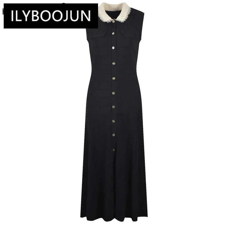 

Early Fall Polo Collar Lady Cloth Sleeveless Fit And Flare Women Single-breasted Knits Midi Dress