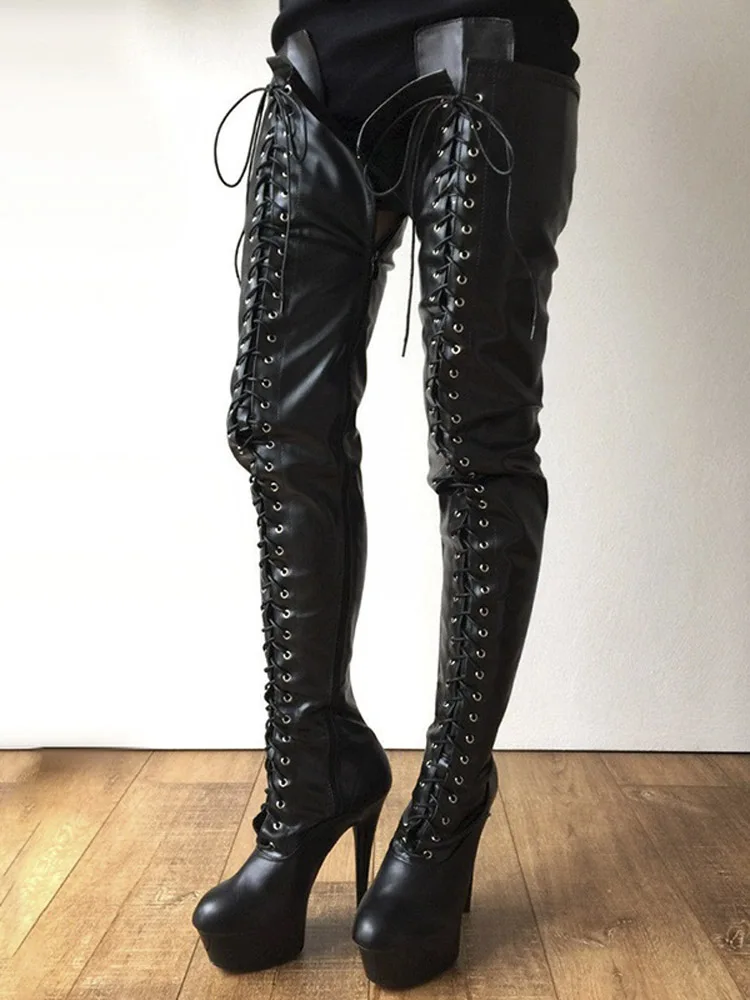 Black Shiny over the Knee Boots with Lace up Detail 15cm Gladiator Heels round Toe for Exotic Dancer Nightclub Catwalk Sexy Feti