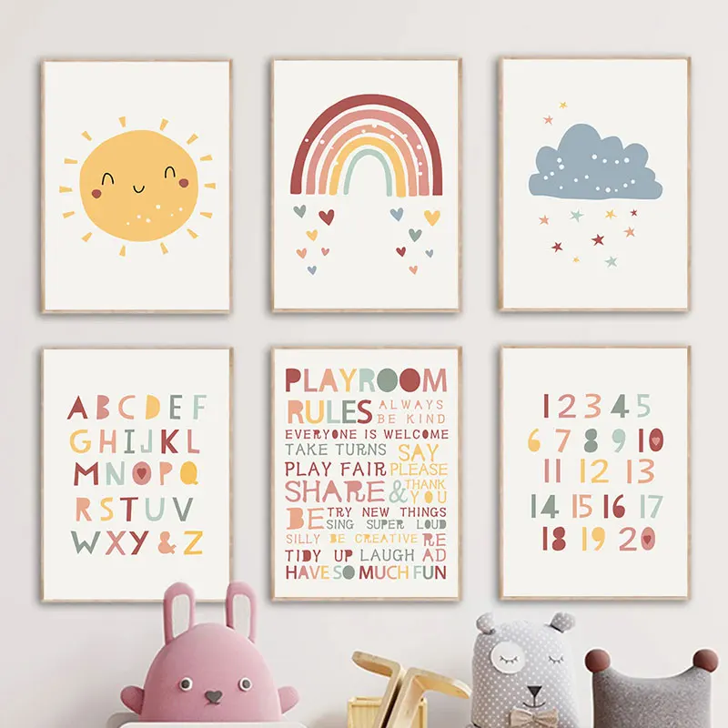 Modern Cute Sun Rainbow Cloud Canvas Poster Prints Alphabet Number Wall Decorative Picture for Kidsroom Nursery Home Art Deco