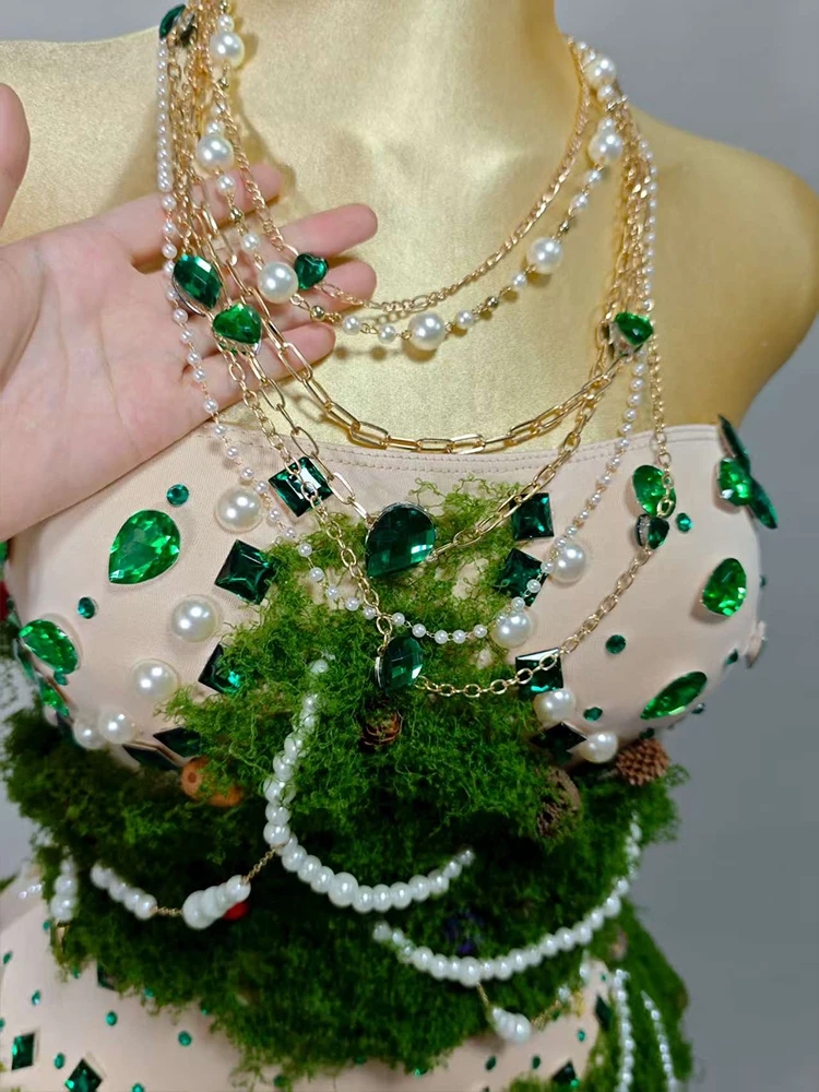 Elegante verde strass saia curta grama falsa ombro-livre cantor evento traje lady gaga festival de aniversário arrastar outfit