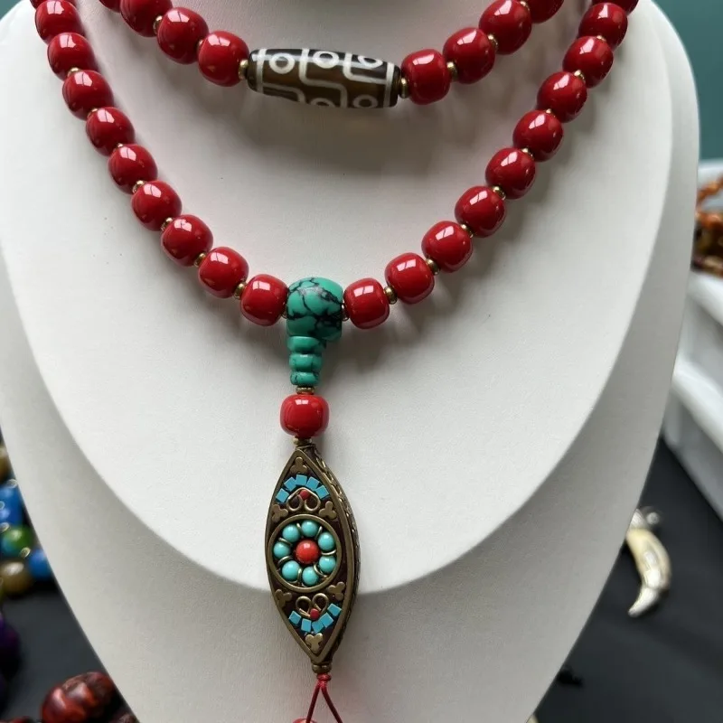 

Tibetan Sherpa Red Glass Necklace & Bracelet, Ethnic Boho Jewelry with Turquoise Accents, Traditional Tibetan Style Accessories